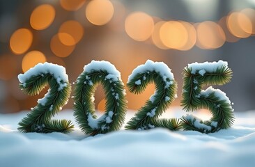2025 new year is made from Christmas trees spruce branches. spruce branches are soft and fluffy, covered with snow, atmospheric spruce needles, natural, blurred bokeh golden background