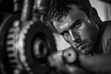 Close-up Portrait of a Focused Man Working on a Mechanical Part