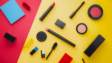 Professional decorative cosmetics, make-up products and accessories on color background, minimal style. Good beauty, fashion, visage and shopping blogger concept