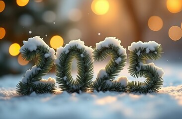 2025 new year is made from Christmas trees spruce branches. spruce branches are soft and fluffy, covered with snow, atmospheric spruce needles, natural, blurred bokeh golden background