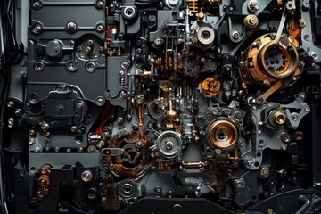 Close-up of a Complex Mechanical System with Gears, Pipes, and Bolts