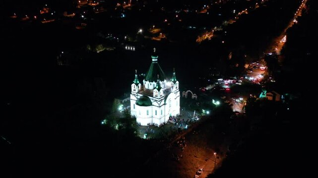 Night view from above on Alexander Nevsky Church. Nizhny Tagil