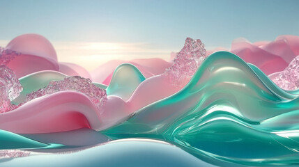 Abstract 3D rendering of pink and teal waves.