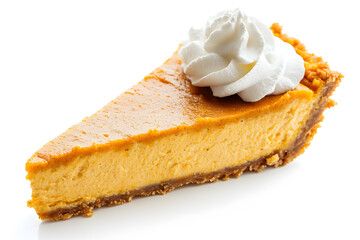 A slice of pumpkin cake with whipped cream on top isolated on white background