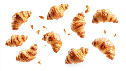 Freshly baked croissants are depicted floating in mid-air against a white background. The French pastry croissants, representing bakery-fresh breads, appear to be suspended, highlighting their flaky a