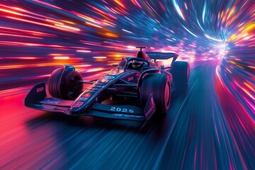 Obraz premium f1 competition car moving fast on a race competition with futuristic neon lights trail around