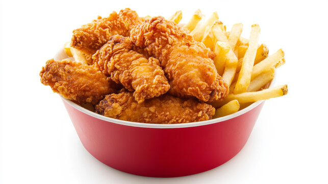 Hot, crispy chicken tenders are served as crunchy strips alongside golden fries, all presented in a small red bucket. The bucket and its contents are isolated against a white background, highlighting 
