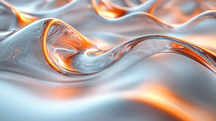Abstract waves of liquid metal in shades of silver and orange.