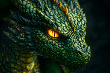 Naklejka premium Green Dragon Close-up portrait. Fantastic reptile 3D illustration