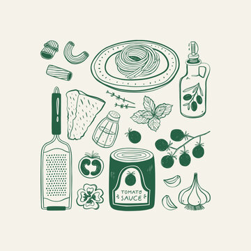 Pasta ingredients. Italian food set. Vintage style.