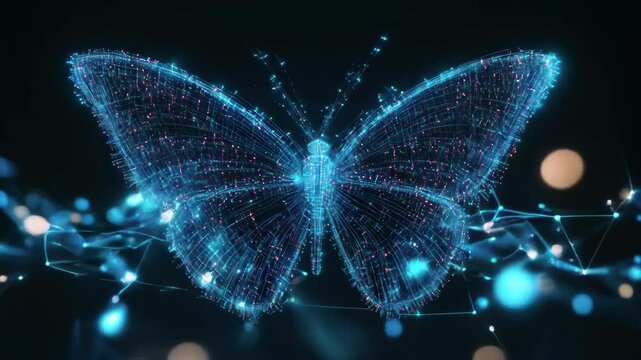 A high-tech flower and butterfly featuring glowing digital circuits and lights on a dark, blurred background. Concept of technology and nature fusion