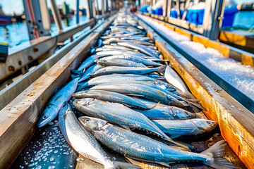 Fresh mackerel fish on ice at seafood market
