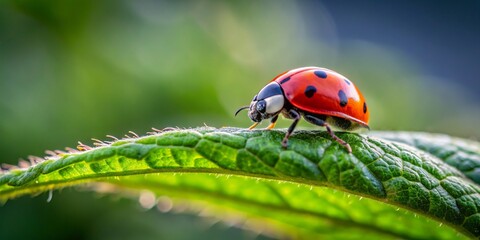 Obraz premium A tiny, red, spotted ladybird fixes its bright eyes on the surrounding greens as it balances delicately on