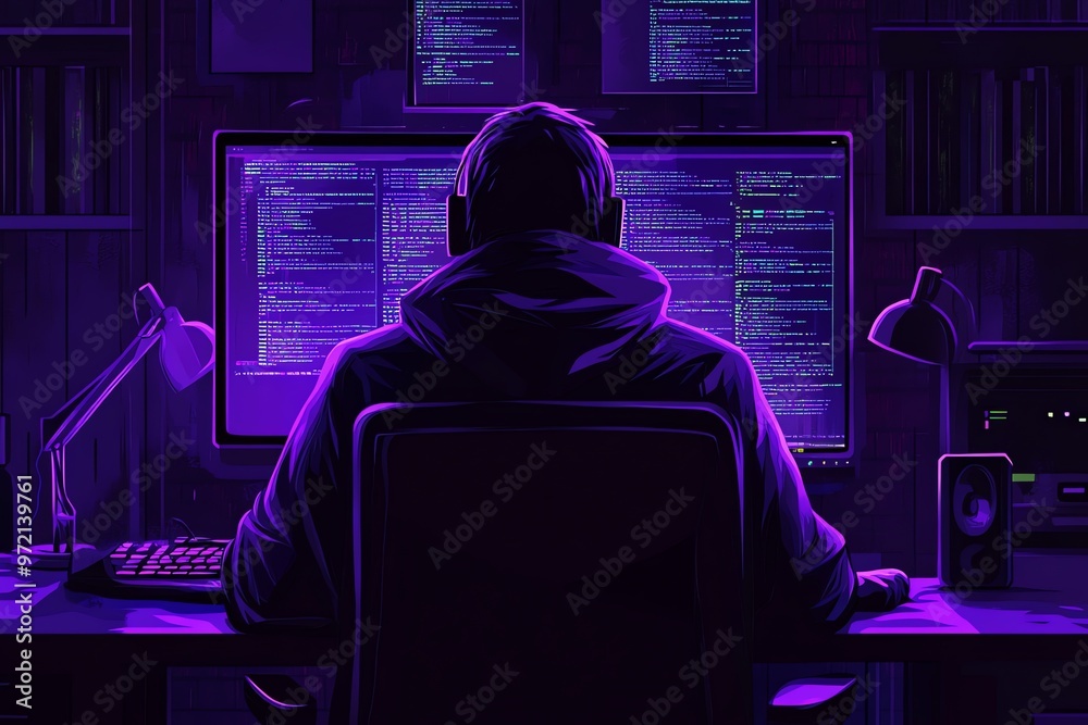 Aufkleber a hacker sits in a dark room in front of a computer with glowing purple code on the screen.