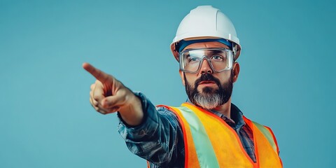 Safety officer pointing at something with a serious expression, wearing safety helmet and goggles with reflective vest. Background isolated with extra room on the left for text