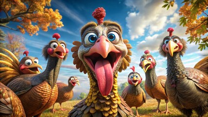 A turkey donning a superhero cape and mask saves a kitten from a tree, shouting "Gobble-Venger to the