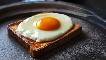 Fried egg on toast with golden yolk on a rustic plate