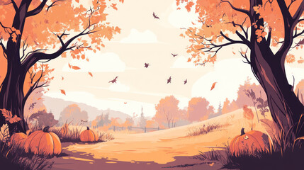 Autumn Trees with Pumpkins in the Countryside, Abstract Digital illustration