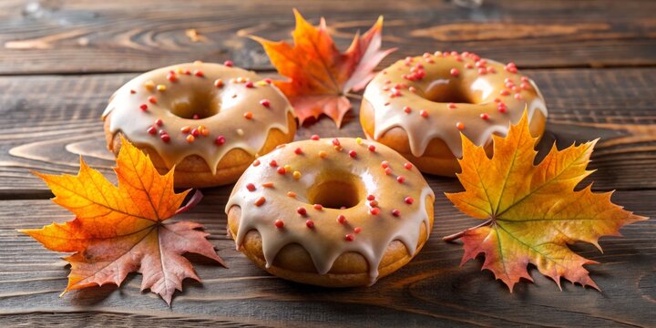 Autumn-hued maple leaf cutouts adorn a trio of fluffy glazed donuts on a wooden surface, evoking cozy warmth