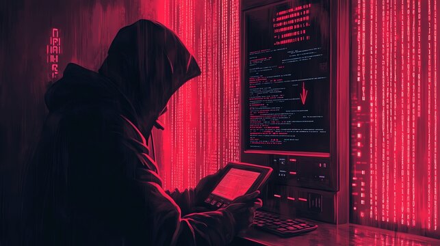 A hooded figure in a dark room with glowing red code on the screen and wall behind them.