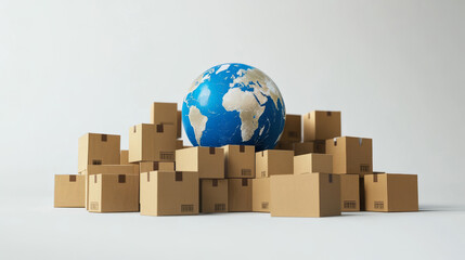 A blue Earth planet globe is surrounded by a heap of stacked corrugated cardboard boxes, representing parcel goods. This illustration emphasizes the worldwide delivery and logistics business, with a f