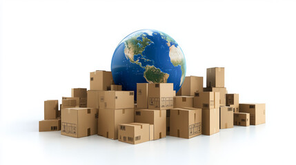 A blue Earth planet globe is surrounded by a heap of stacked corrugated cardboard boxes, representing parcel goods. This illustration emphasizes the worldwide delivery and logistics business, with a f