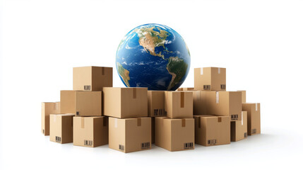A blue Earth planet globe is surrounded by a heap of stacked corrugated cardboard boxes, representing parcel goods. This illustration emphasizes the worldwide delivery and logistics business, with a f