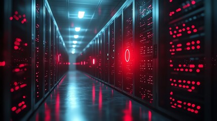 A narrow hallway in a server room with rows of server racks on either side, illuminated by blue and red lights, casting reflections on the floor.
