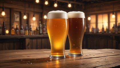 Two Glasses of Beer on a Wooden Bar in a Rustic Pub