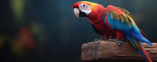 High-angle view of a pair of colorful parrots on a rustic wooden perch