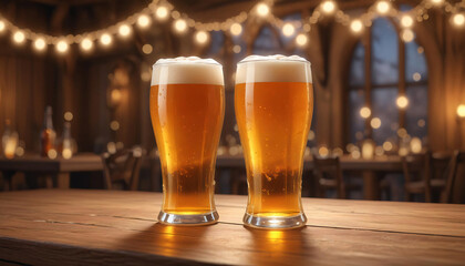 Two Glasses of Beer on a Wooden Bar in a Rustic Pub