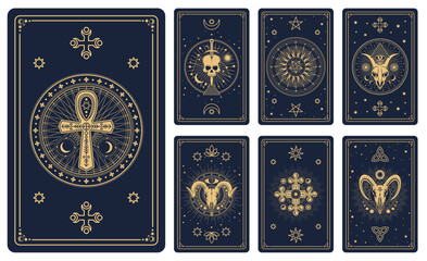 Tarot cards with esoteric magic symbols of skull, devil star and moon or sun, vector frames of golden lines. Tarot cards decks or reverse design with mason eye pyramid, crystal and Satan pentacle