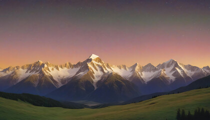 Fototapeta premium Snowcapped Mountains at Sunset Golden Hour on Snowcapped Mountains Reflected in a Tranquil Lake