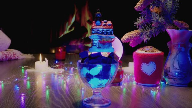 House, home, new realty, realtor greetings. Christmas tree, toy decorations. New Year and Merry Christmas. Smooth camera movement on slider. Video postcard. Live christmas tree with garlands and toys