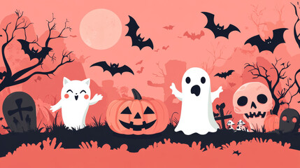 Check out our adorable collection of Halloween-themed elements for your decorations and prints. Featuring cute ghosts, pumpkins, bats, candy, cats, skulls, spiders, graves, and zombie hands—perfect fo