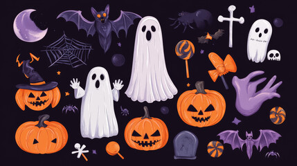 Check out our adorable collection of Halloween-themed elements for your decorations and prints. Featuring cute ghosts, pumpkins, bats, candy, cats, skulls, spiders, graves, and zombie hands—perfect fo