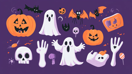 Check out our adorable collection of Halloween-themed elements for your decorations and prints. Featuring cute ghosts, pumpkins, bats, candy, cats, skulls, spiders, graves, and zombie hands—perfect fo