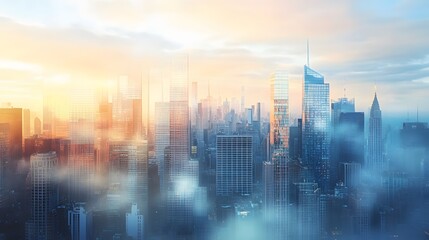 Fototapeta premium Cityscape with Skyscrapers and Foggy Sunset