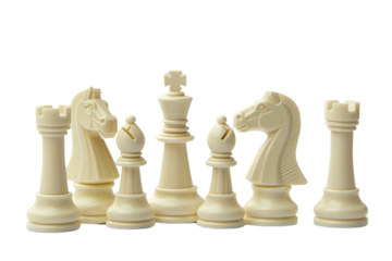 A stylish arrangement of ivory chess pieces, highlighting strategy and the timeless elegance of the classic game.