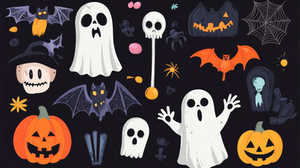 Check out our adorable collection of Halloween-themed elements for your decorations and prints. Featuring cute ghosts, pumpkins, bats, candy, cats, skulls, spiders, graves, and zombie hands—perfect fo