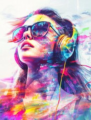 Glitch art with cool girl wearing headphones and sunglasses