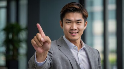 Asian handsome young business man pointing