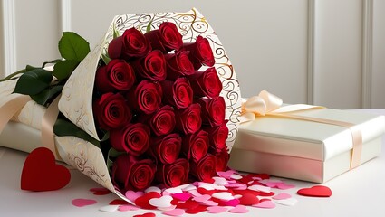A bouquet of vibrant red roses wrapped in elegant paper, sitting on a bed of heart-shaped confetti, ready to be given as a Valentine&rsquo;s Day gift