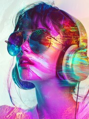 Glitch art with cool girl wearing headphones and sunglasses