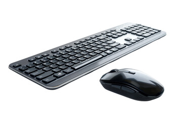 Modern computer keyboard and mouse placed on a clean white background, ideal for workspace or technology-themed designs.