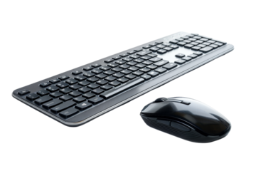 Modern computer keyboard and mouse placed on a clean white background, ideal for workspace or technology-themed designs.