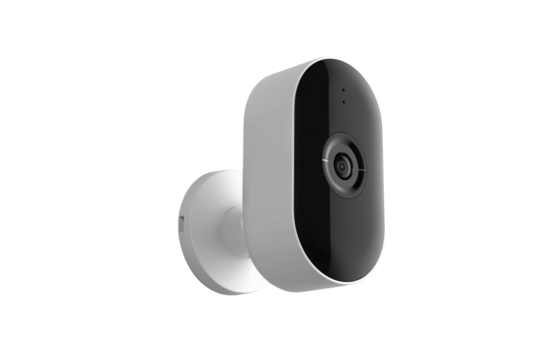 Modern security camera mounted on a wall, designed for home surveillance and monitoring, featuring sleek and compact design.