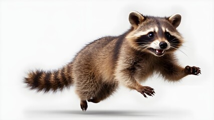 A happy raccoon jumping in the air on a transparent background, 