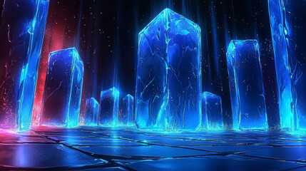 A row of glowing blue crystals stand tall in a dark, mysterious setting.