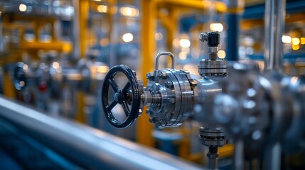 Fototapeta premium Close-up of oil refinery equipment showcasing the workings of pumps and control systems in action.